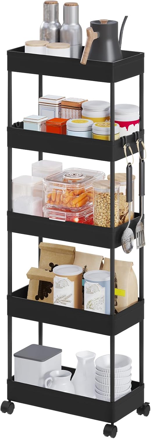 Chariot de rangement à roulettes 5 niveaux, plastique et métal, 4 crochets, noir