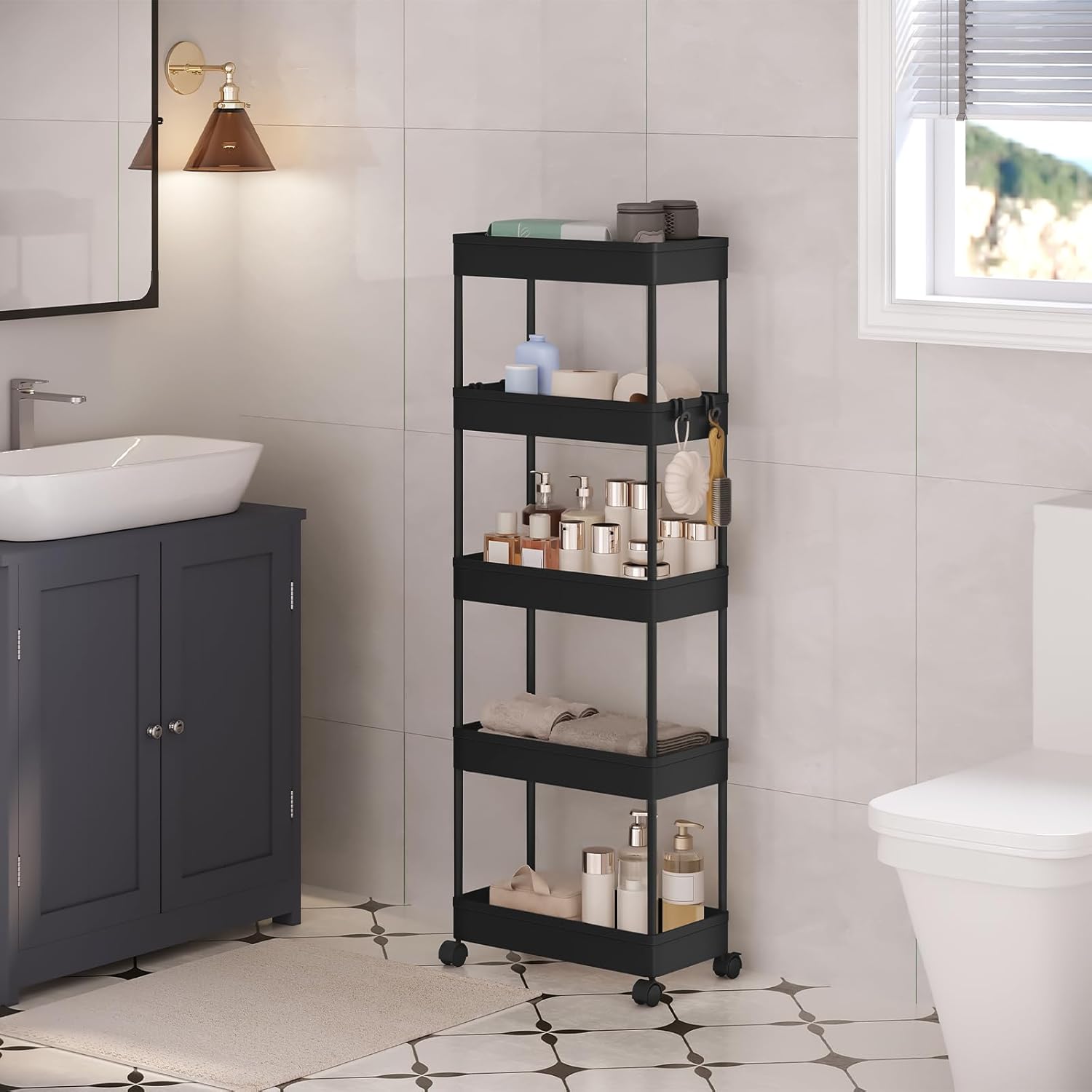 Chariot de rangement à roulettes 5 niveaux, plastique et métal, 4 crochets, noir