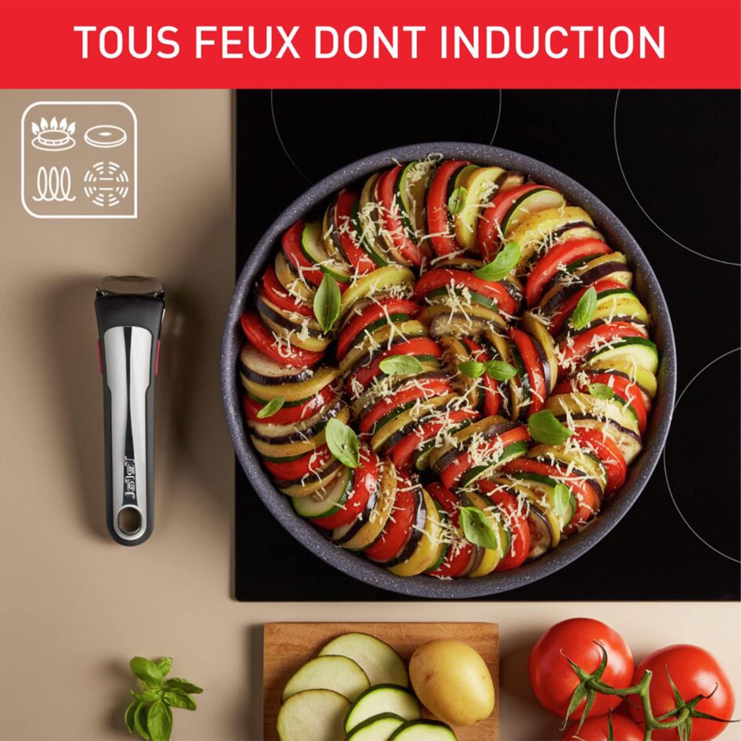 Tefal Ingenio Natural On - 2 poêles + poignée - induction, antiadhésif, empilables, lavable, Fabriqué en France - L76693