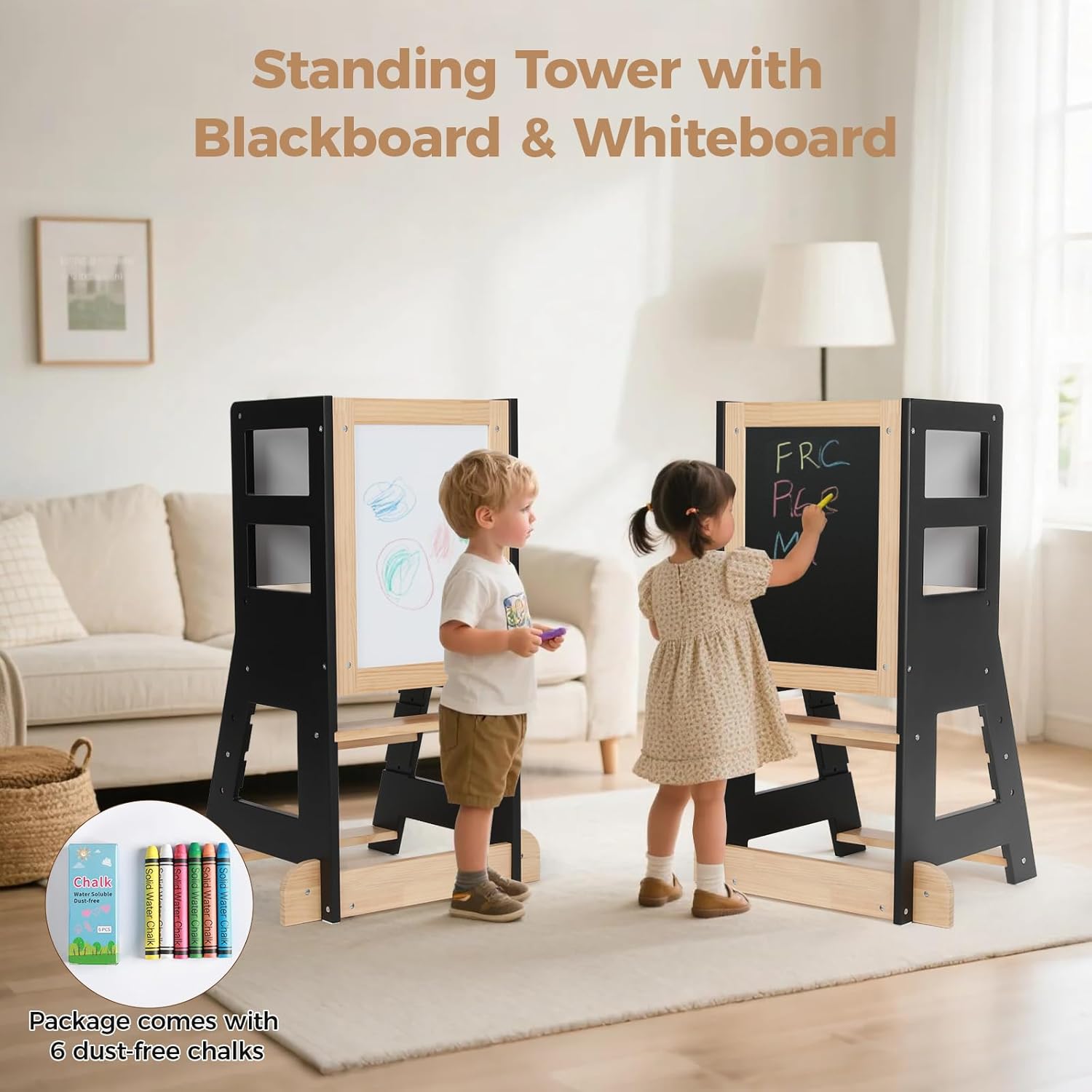 KIDINIX - Tour d'apprentissage réglable, bois/noir, anti-basculement, tableau