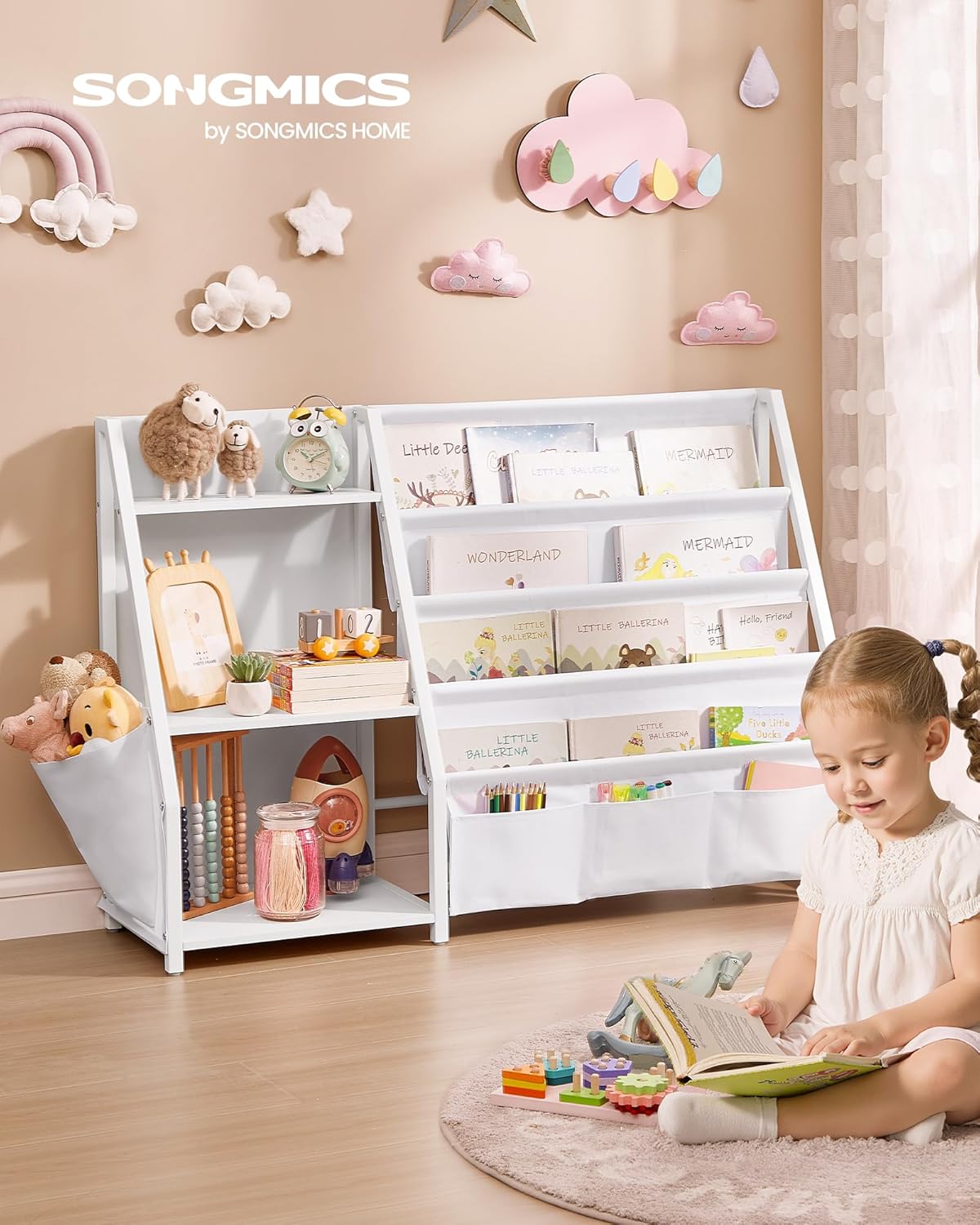 SONGMICS - meuble bibliothèque enfant - 75 cm - rangement jouets, étagères, pochette latérale - GKR024W01
