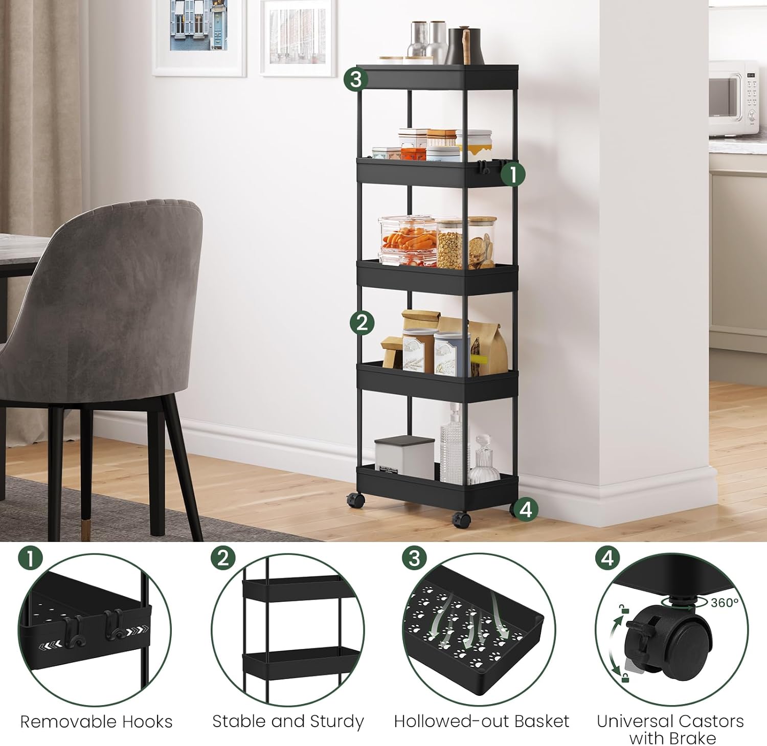 Chariot de rangement à roulettes 5 niveaux, plastique et métal, 4 crochets, noir