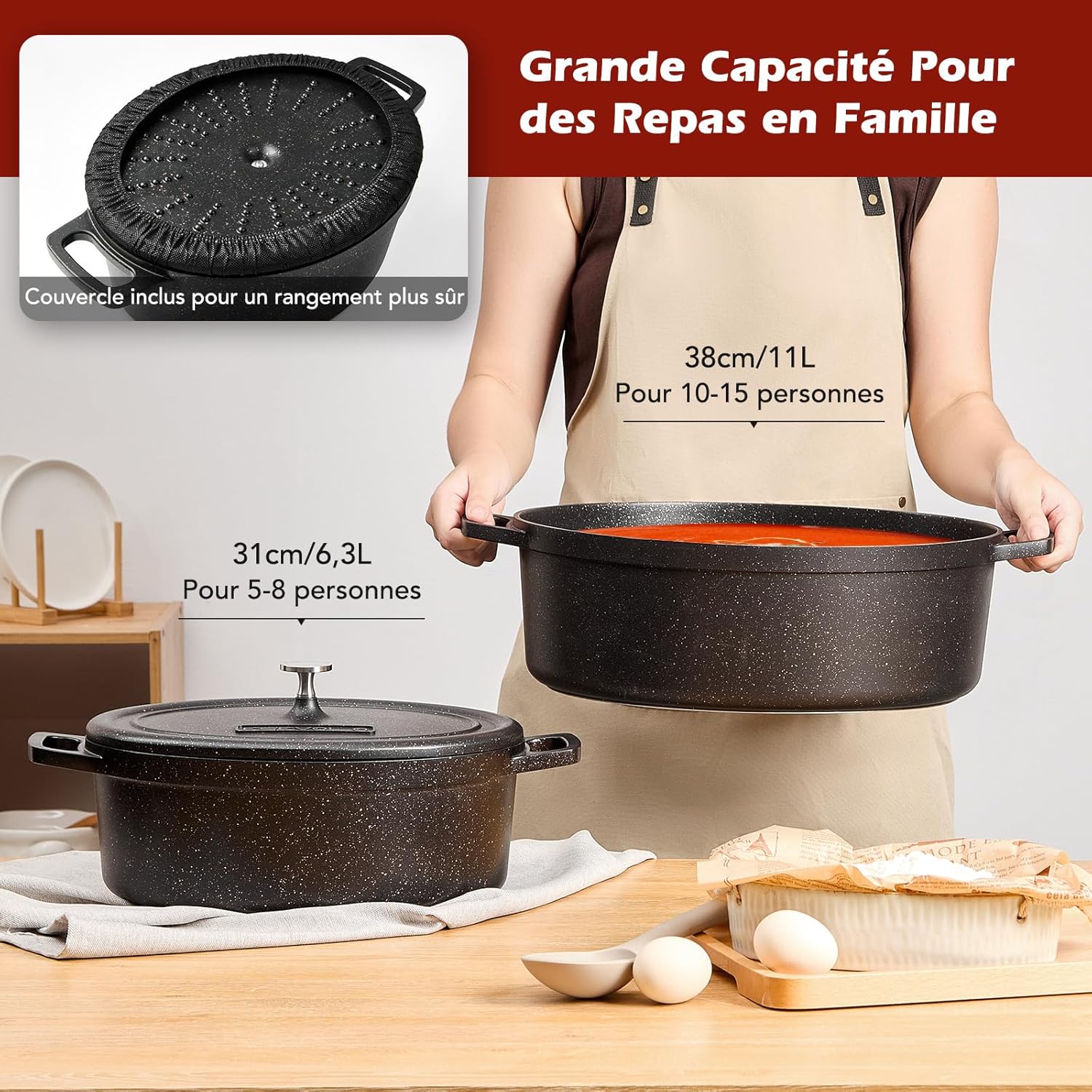 Cocotte fonte ovale 11L, 38cm, antiadhésive, four/gaz, famille