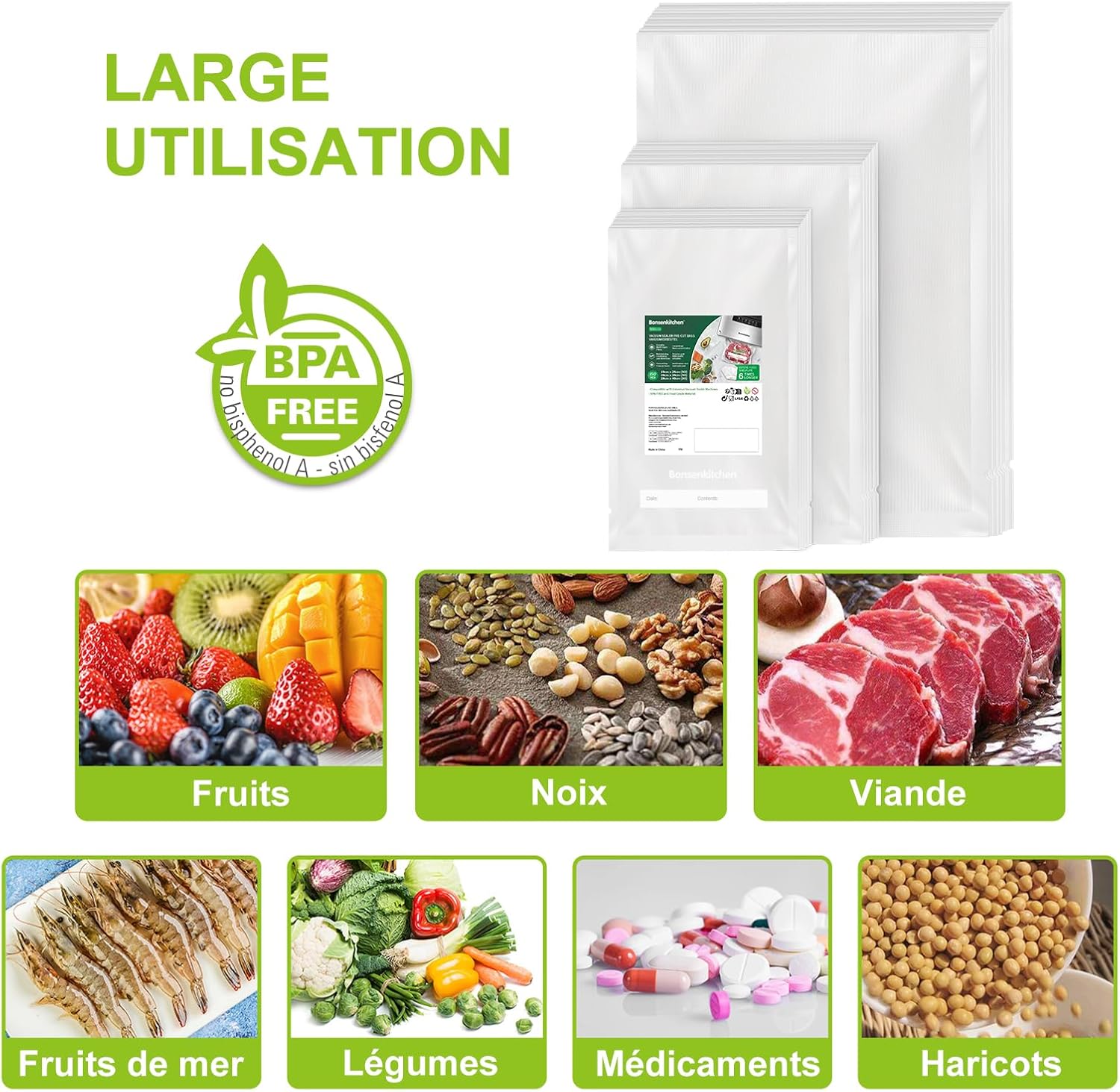 Bonsenkitchen - sacs sous vide alimentaire - 3 tailles 150 pièces - sans BPA VB3215