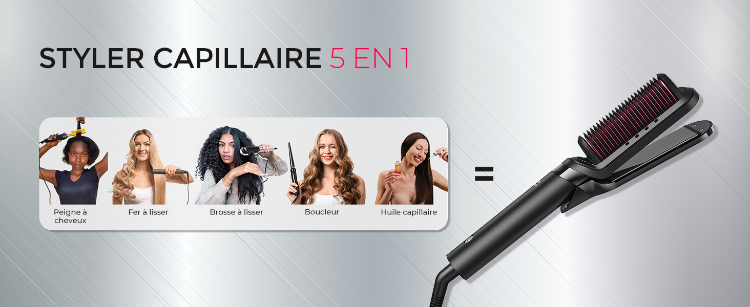 Le texte indique « STYLER CAPILLAIRE ». Collage montrant plusieurs vues de produits de coiffure avec un fer à lisser ou un fer à lisser sur fond clair.