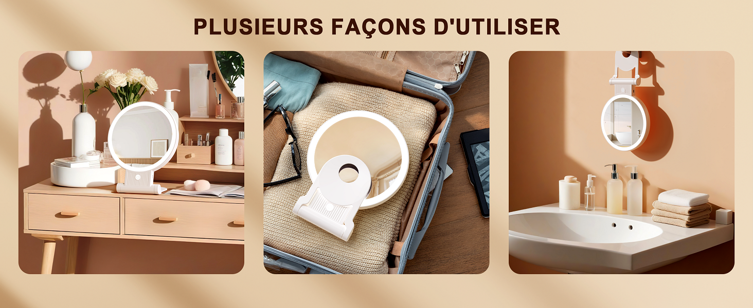 Le texte se lit comme suit : « PLUSIEURS FAÇONS D'UTILISER ». Série de photos de produits montrant divers organisateurs et supports de salle de bain ou de vanité en bois disposés sur fond beige.