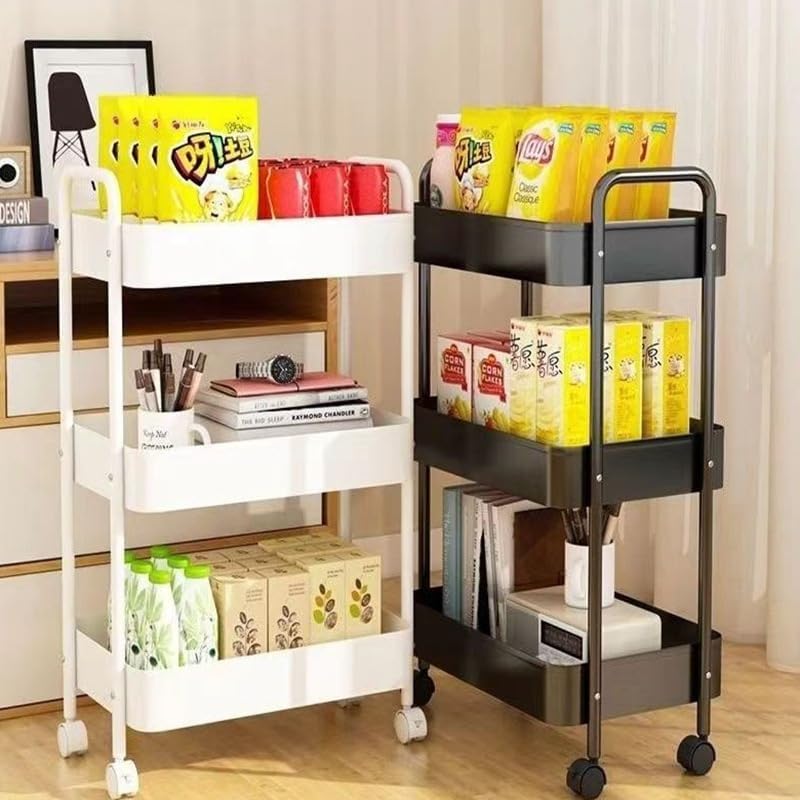 Chariot de rangement - 3 niveaux, métal, crochets, tasses inclus, cuisine/bureau - 60x40x30cm