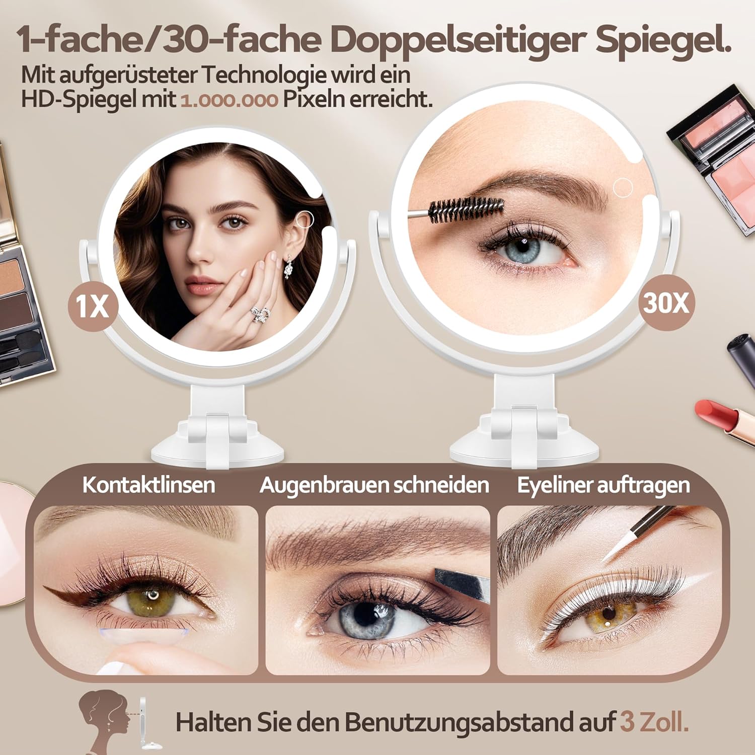 Miroir grossissant double face, ventouse, éclairage 3 modes, 30 compartiments