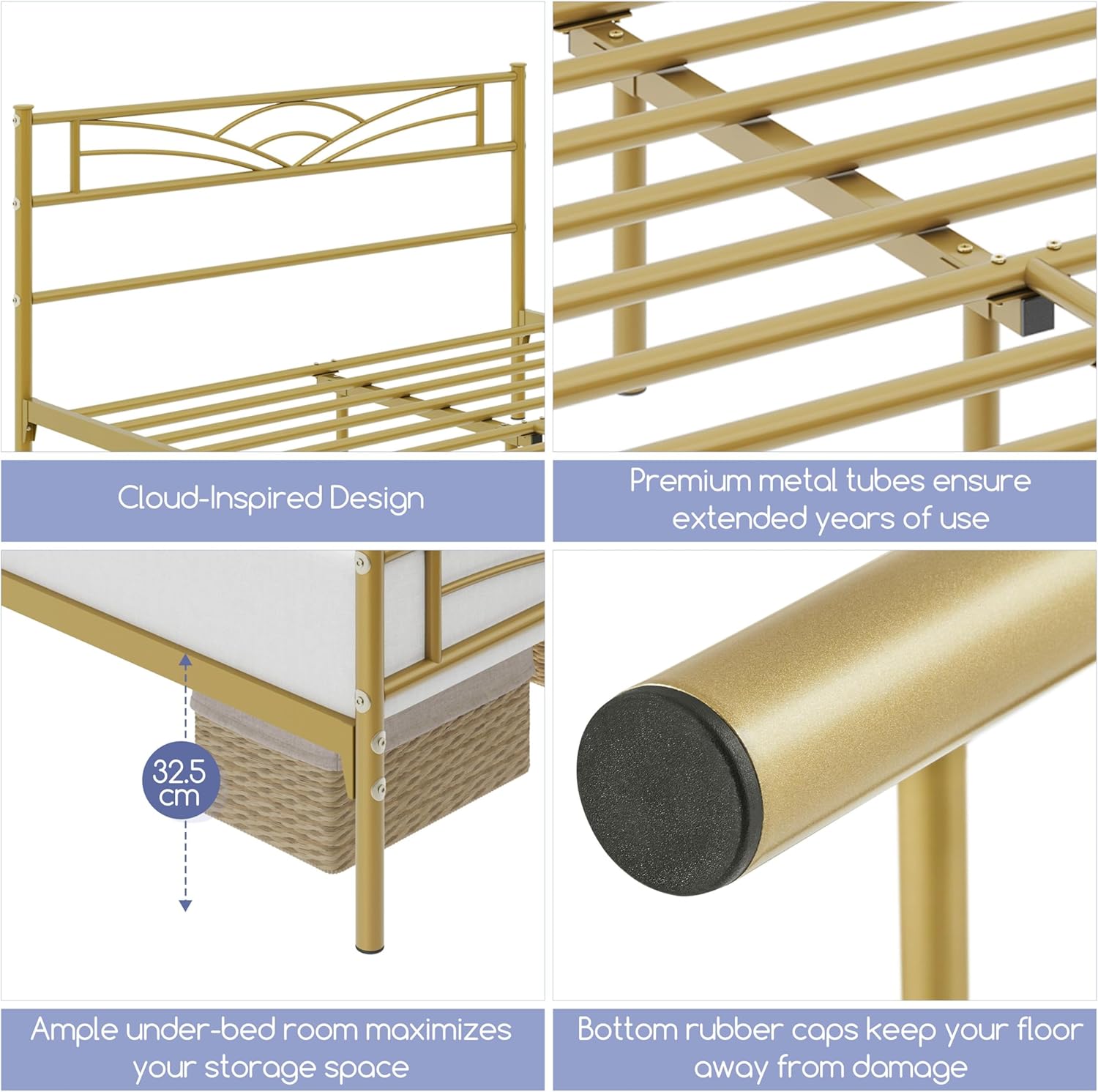 Yaheetech - lit double métal - 140x200cm - montage facile, or antique