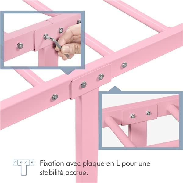 Yaheetech - lit simple métal 90x200 cm, montage facile, rose