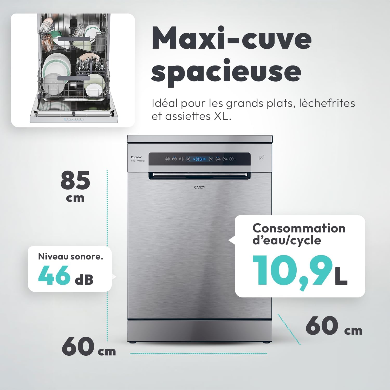 Candy - lave-vaisselle série Maxi Cuve - 60x82 cm - 14 couverts, classe C, ouverture auto, contrôle à distance - CF 4C6F