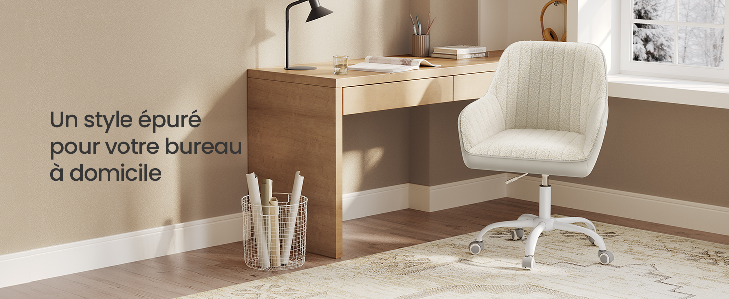 Configuration de bureau à domicile moderne comprenant un bureau en bois avec rangement et une chaise de bureau rembourrée blanche sur un tapis beige