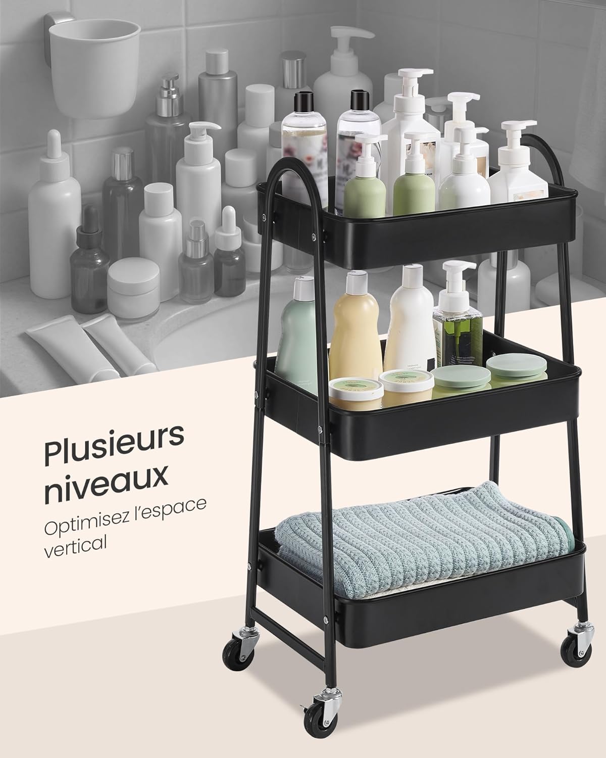 SONGMICS - chariot à 3 niveaux - métal, roulettes, poignées, 2 freins - BSC068B01
