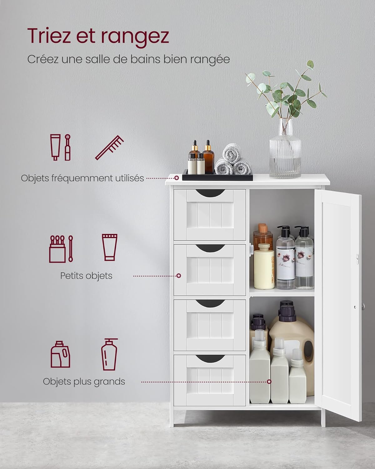 VASAGLE - meuble salle de bain, 30x55x82cm, 4 tiroirs, porte, LHC41W