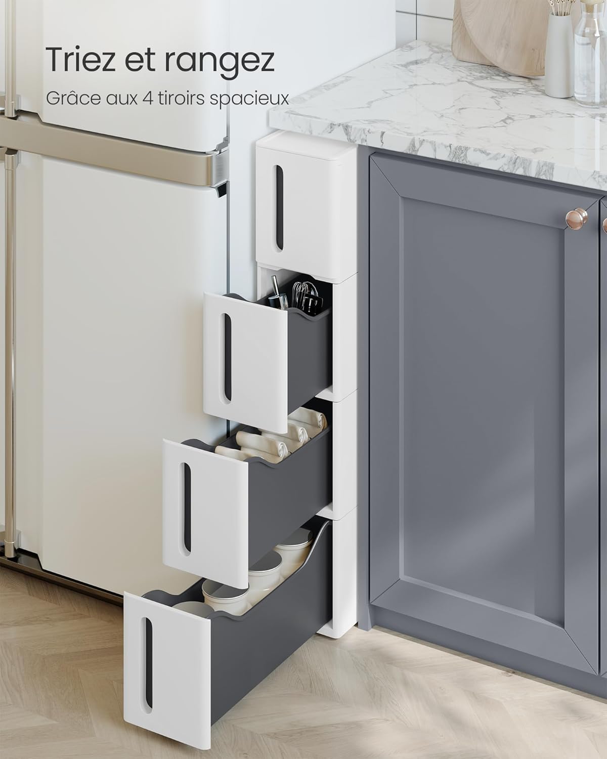 SONGMICS - Chariot Roulant Fin - 45,2x17,3x84cm - 4 tiroirs, PP blanc/gris, KFR008G01