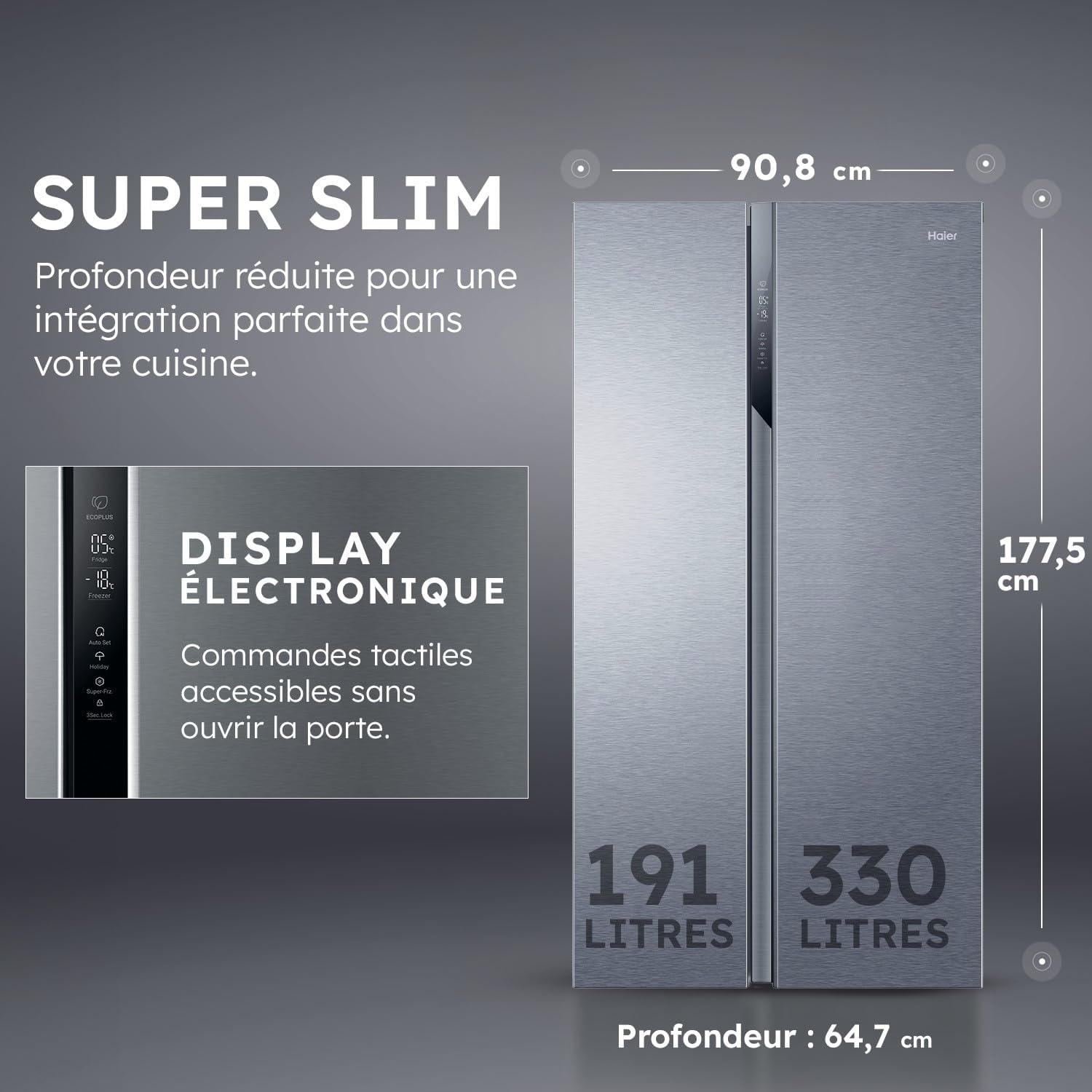 Haier - réfrigérateur américain série HSR - 337+191L inox, Total No Frost, 177,5x90,8x64,7cm - HSR3918ENPG