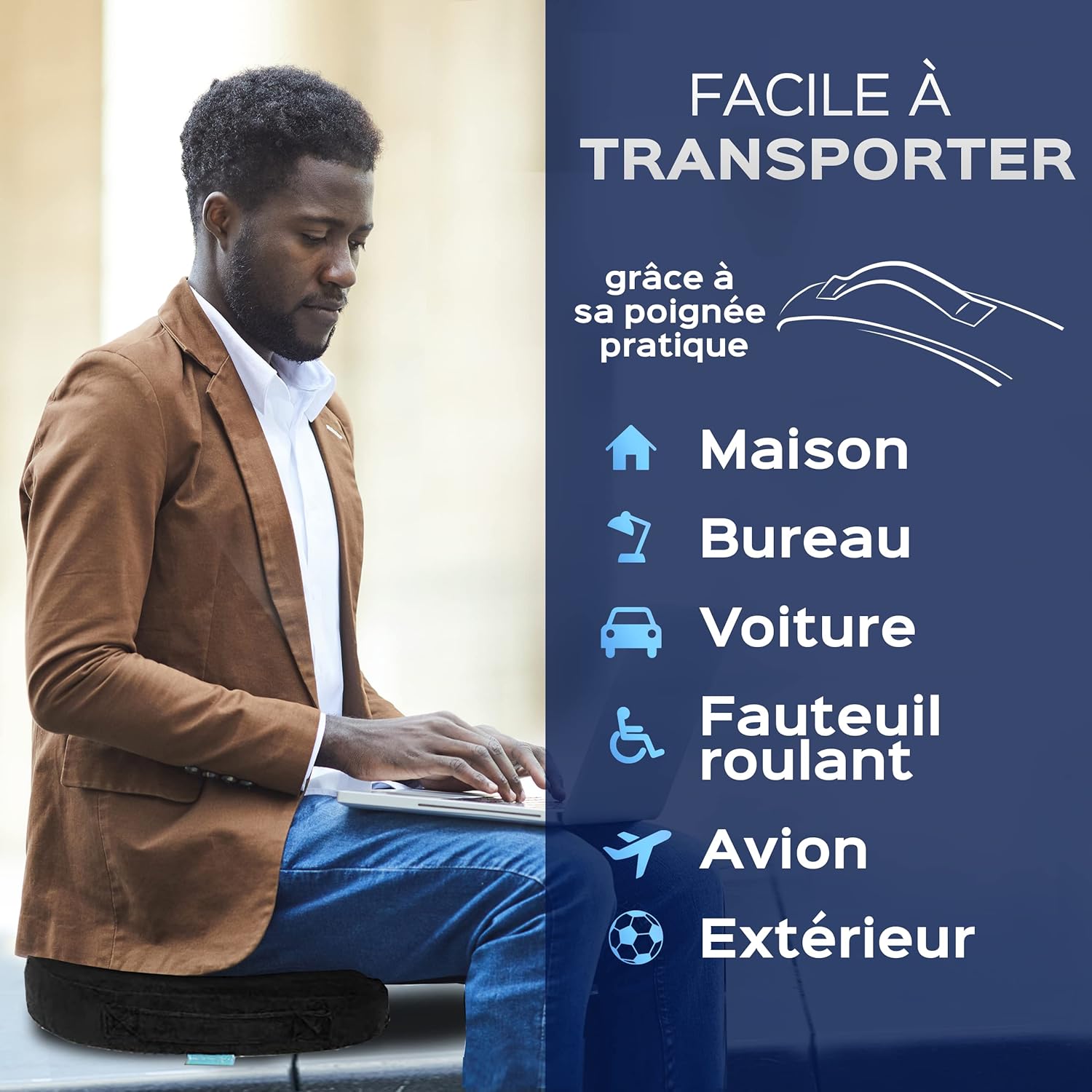 Coussin ergonomique assise, bleu, standard, mémoire de forme, soutien lombaire