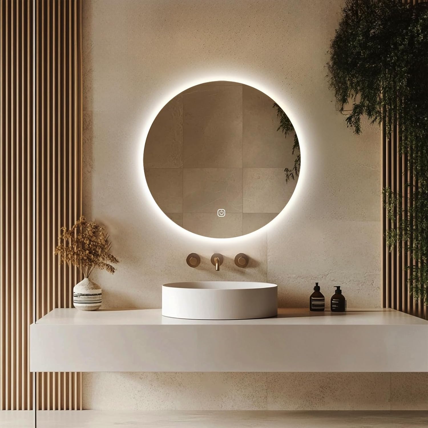 Miroir Salle de Bain - LED Rond 60cm - 3 couleurs, tactile, dimmable