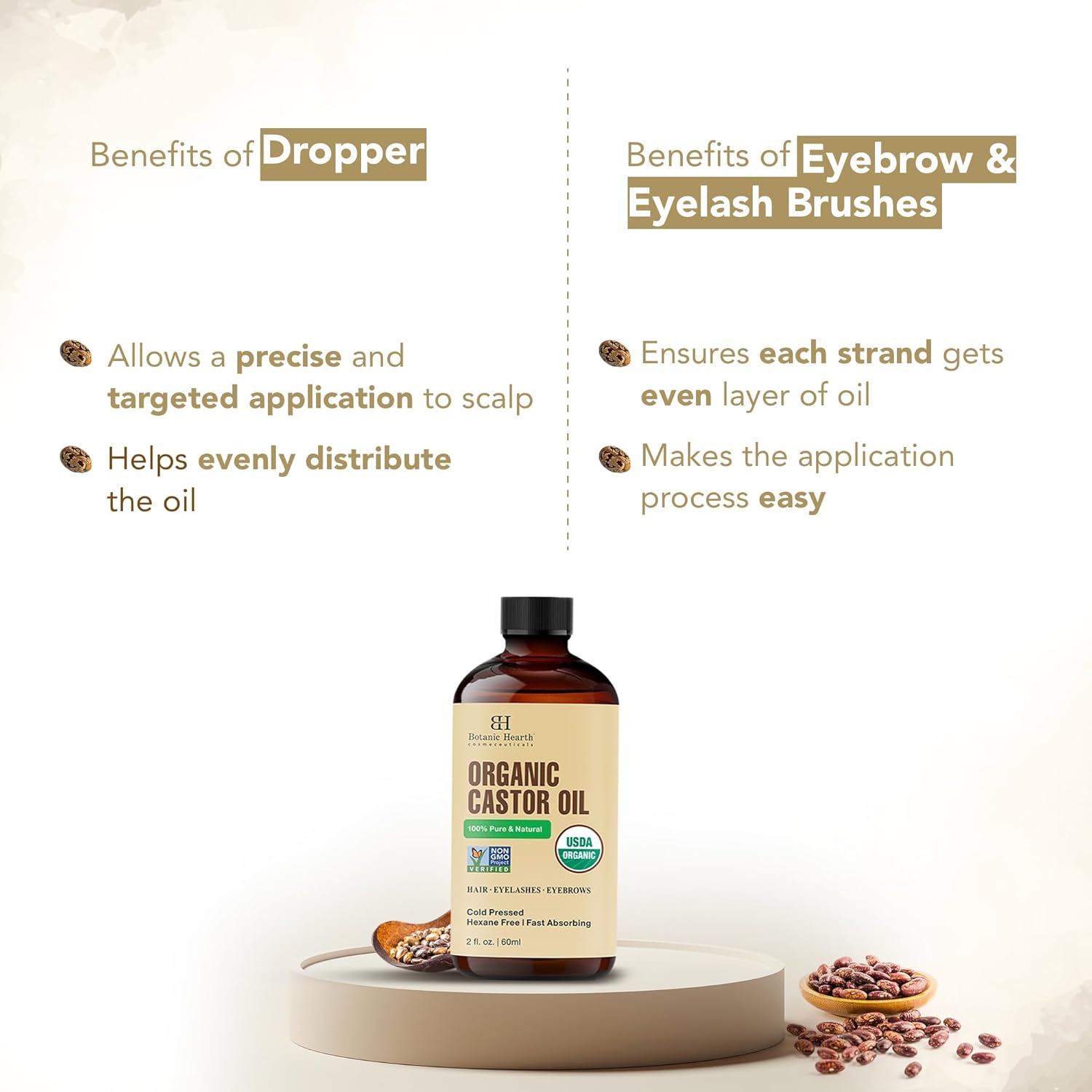 Botanic Hearth - huile de ricin bio 60ml - 100% pure, cold-pressed, avec brosses