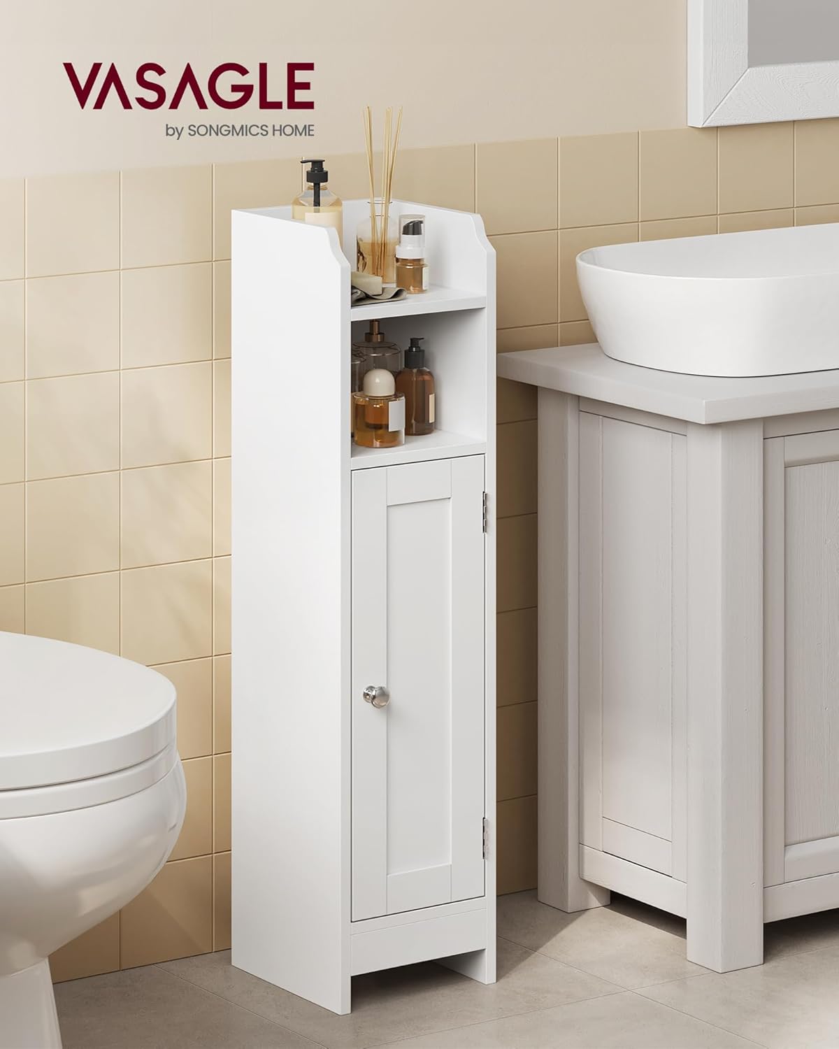 VASAGLE - meuble salle de bain angle, 20x18x80cm, blanc, portes/étagères réglables, BBC310W01