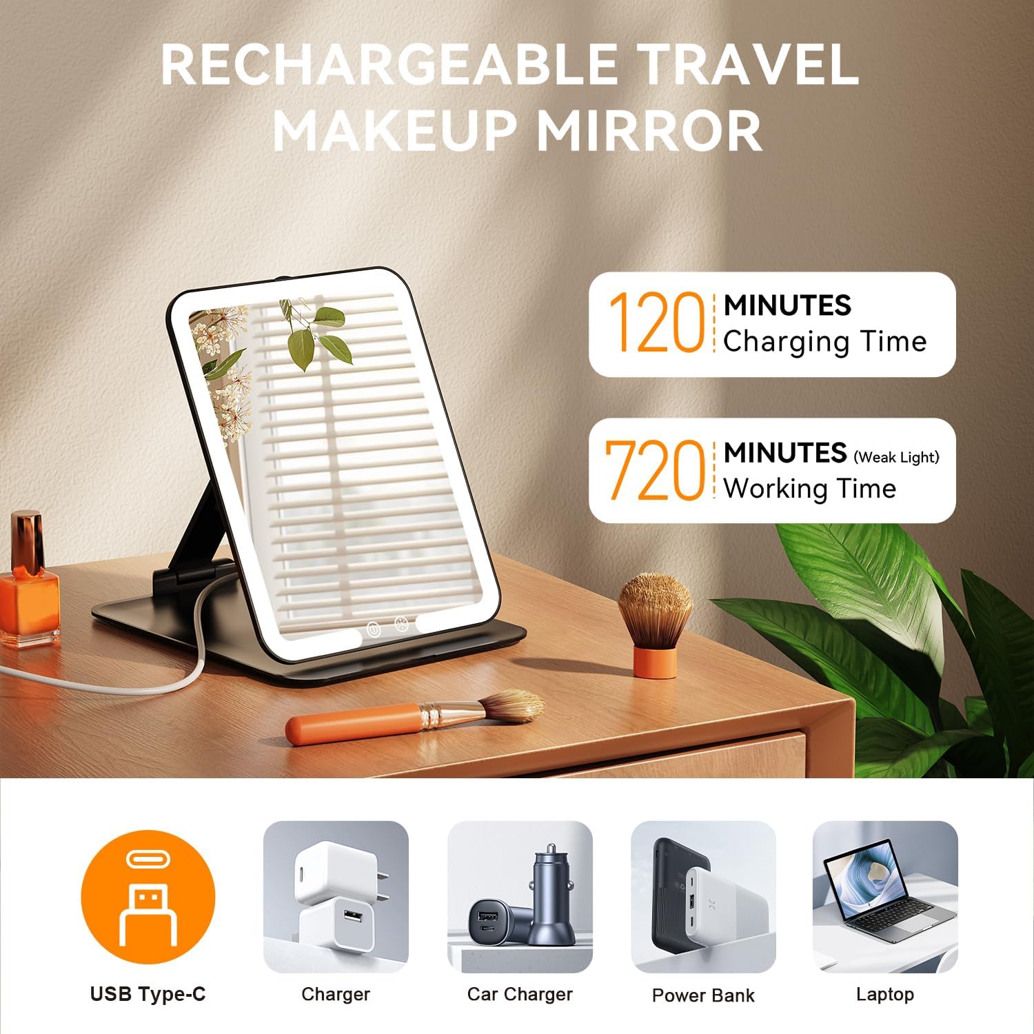 Auxmir - Miroir Maquillage LED, 72 LEDs, rechargeable USB, 3 lumières, écran tactile