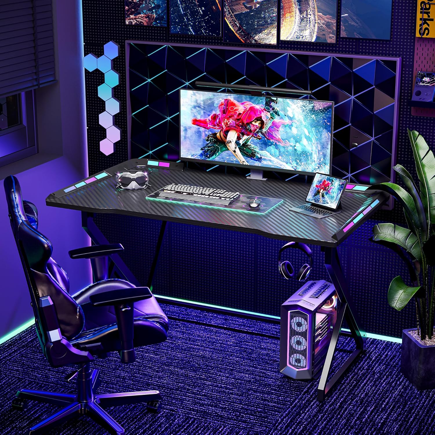 BEXEVUE - Armor - 100x50 cm - Bureau gaming RGB carbone, cadre Z, crochet casque