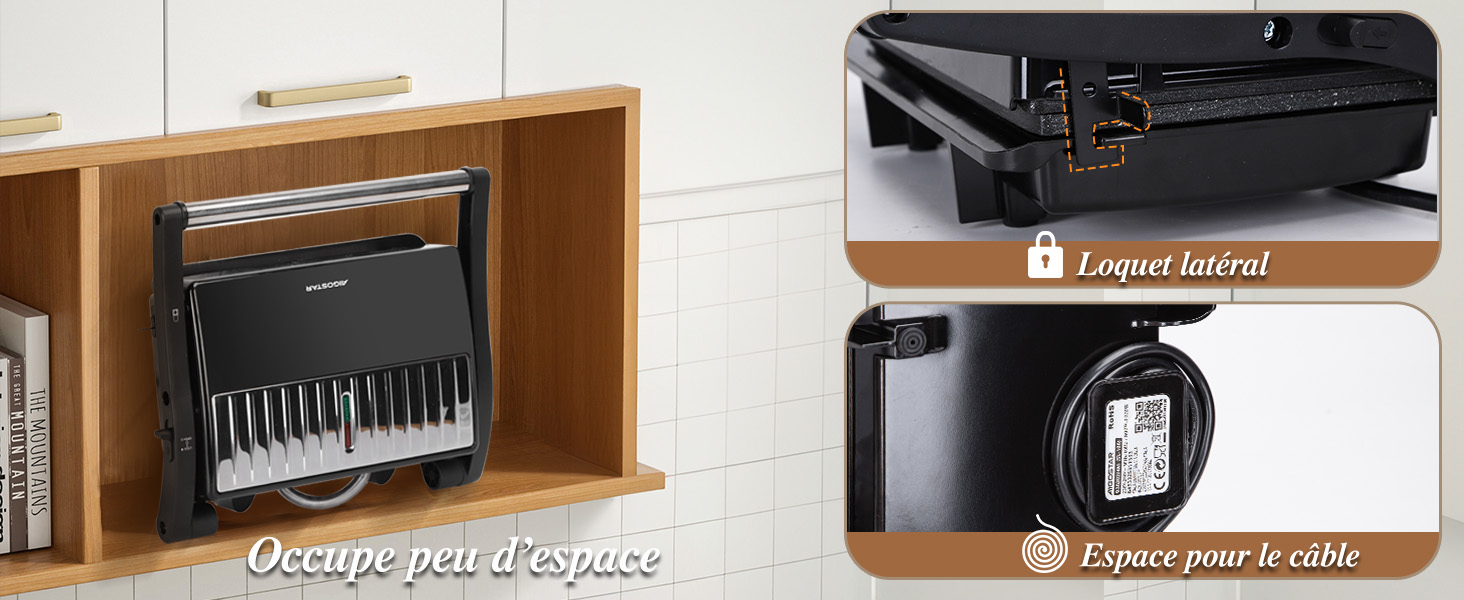 présentée dans une étagère, avec des gros plans du loquet latéral et de l'espace de rangement des câbles. Design peu encombrant pour une utilisation au bureau ou à la maison