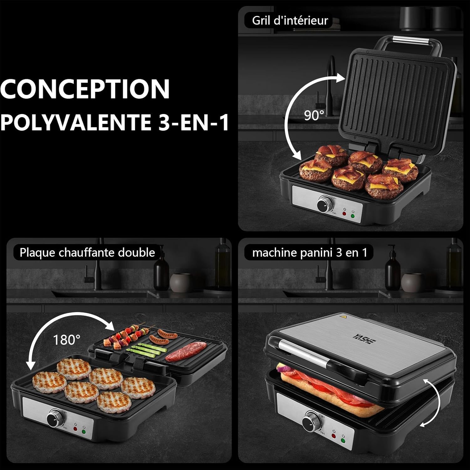 YASHE - Grille viande 4 tranches, plaques antiadhésives, 1800W, ouverture 180°