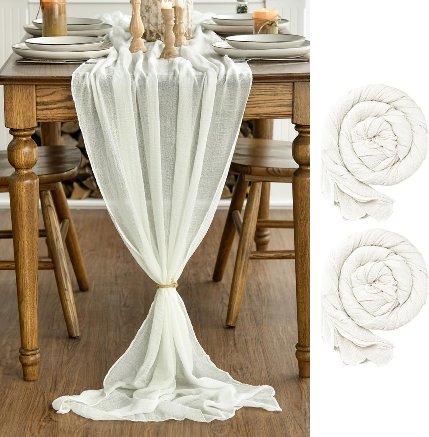 Artoid Mode - Chemins de table gaze mousseline, 300 cm, blanc bohème, lot de 2