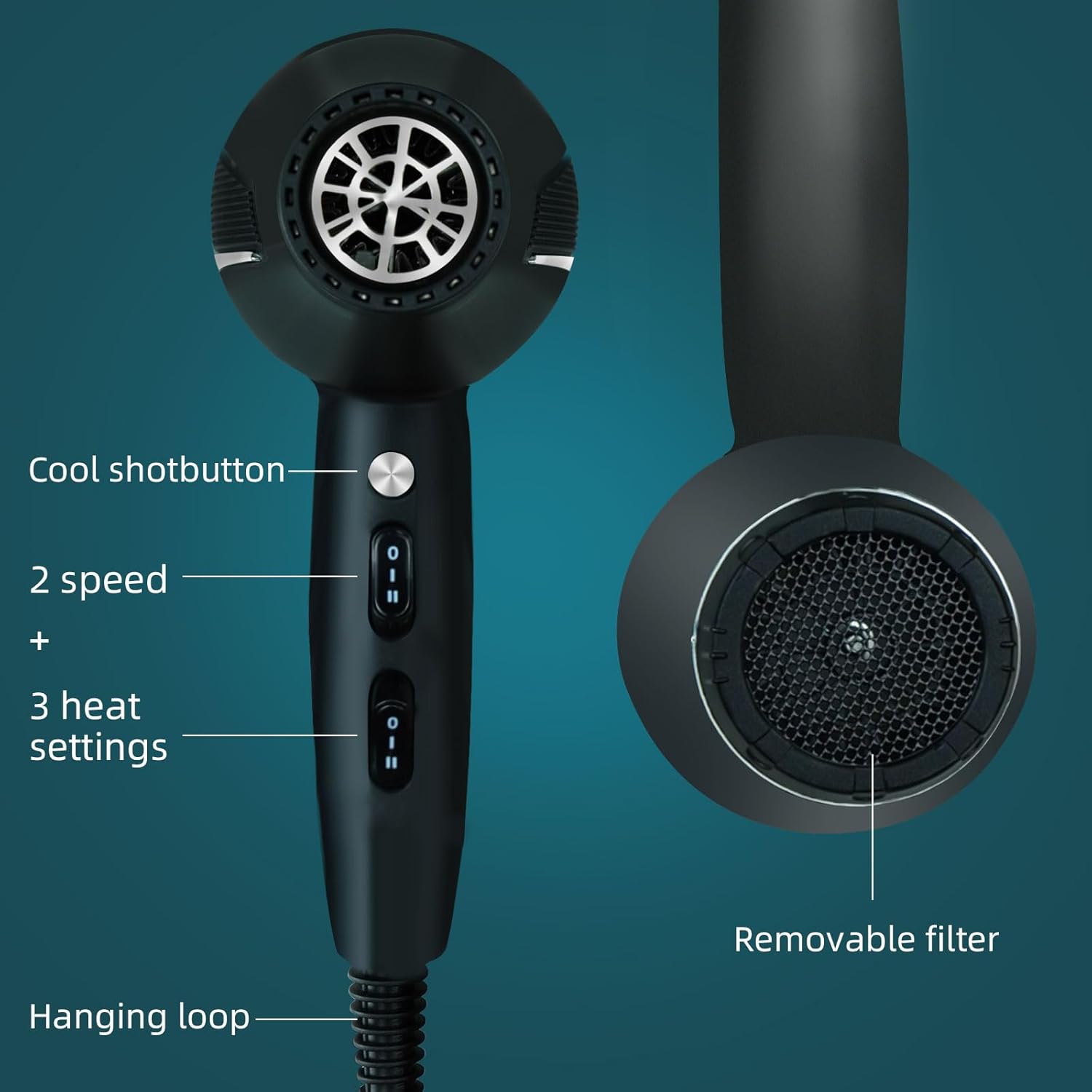 Sèche-cheveux ionique - 2100W - 2 concentrateurs, 4 peignes, diffuseur, bouton froid, Séchage rapide