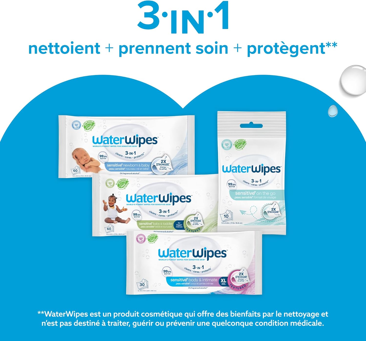 WaterWipes - Sensitive+ - 12x60 lingettes - 99,9% eau, non parfumées, 3-en-1