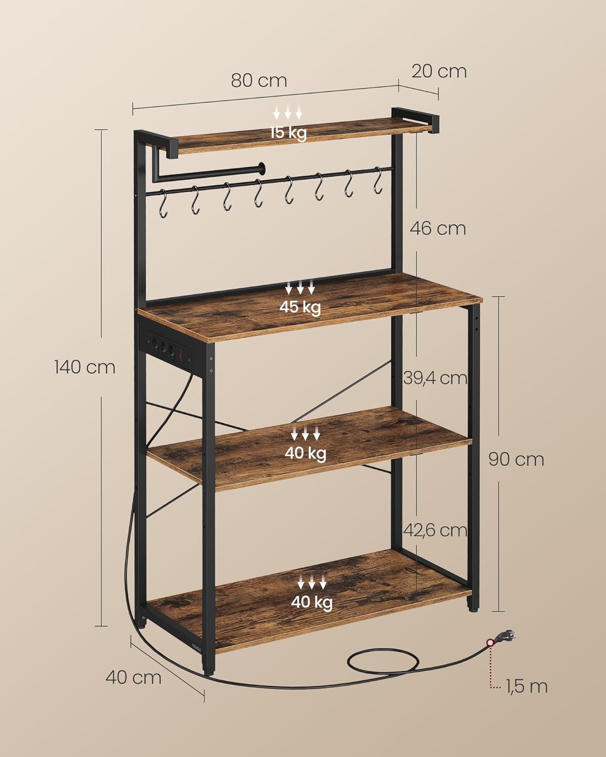 VASAGLE - étagère cuisine série bar café, 80x40x140 cm, 4 niveaux, multiprise, 8 crochets S, KKS029KD02