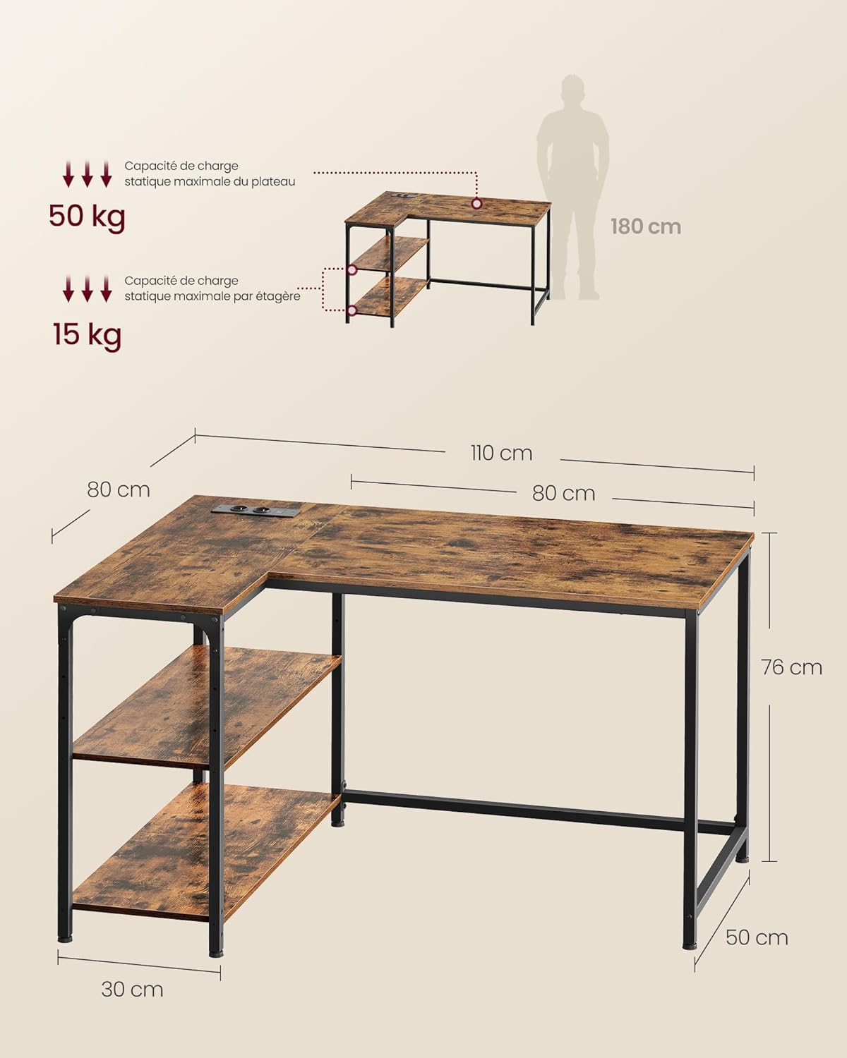 VASAGLE - Bureau en L, 110x80 cm, étagères réglables, ports USB, LWD131KD01