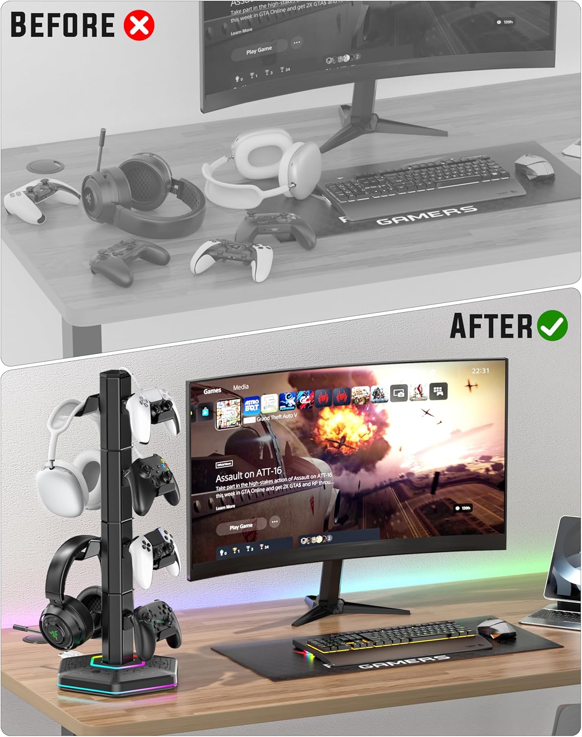 Support manettes et casque gaming, ports USB, crochet, rangement accessoires