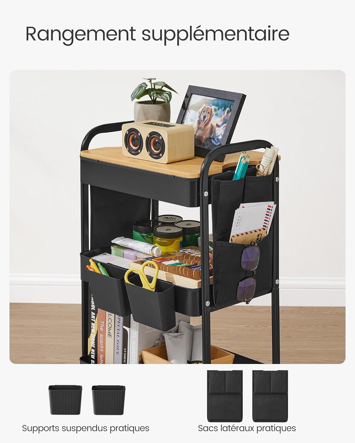 SONGMICS - Chariot 3 niveaux, pots amovibles, poches latérales, LRC036B01