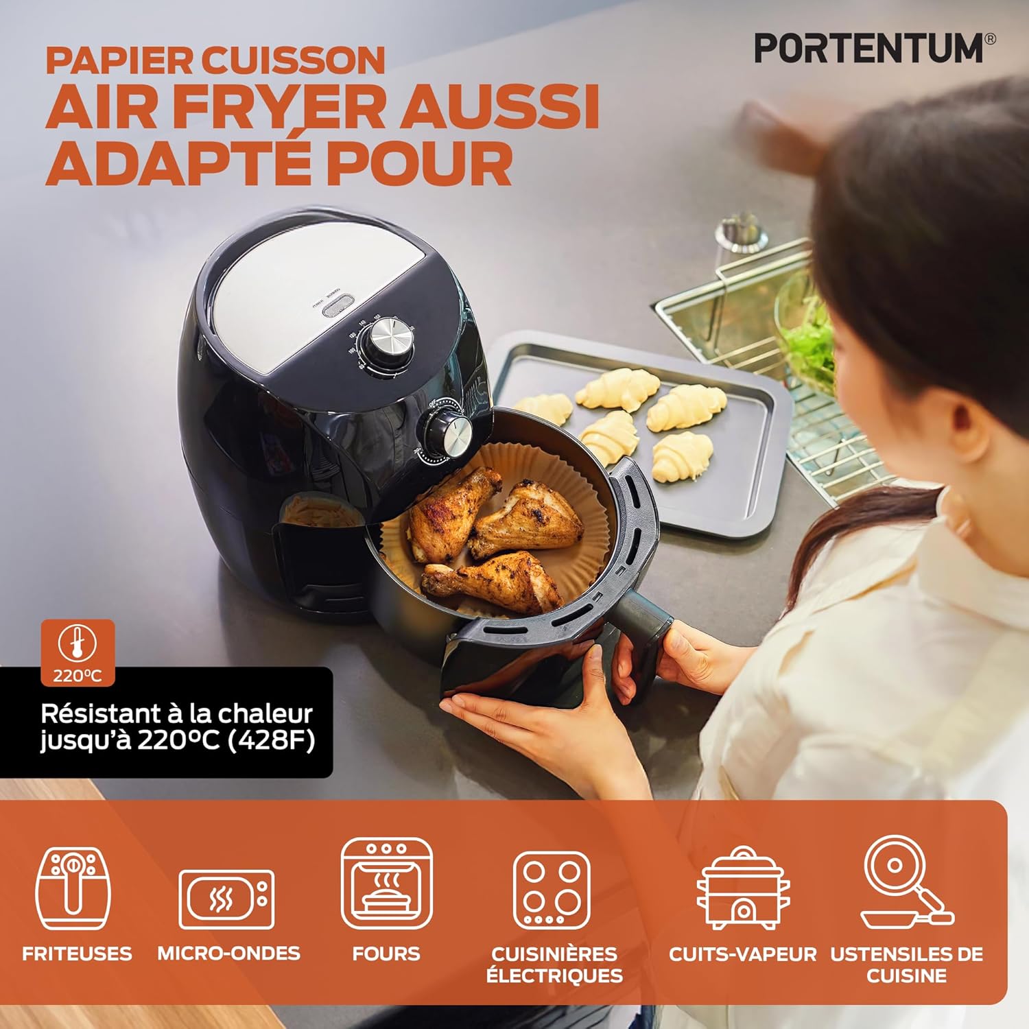 PORTENTUM - papier cuisson air fryer - 16x20cm - 100pcs BPA free, friteuses 3–4,5L