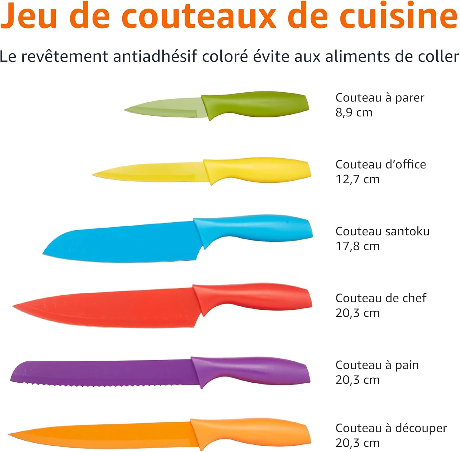 Amazon Basics - lot de couteaux colorés 12 pièces - multicolore, lame inox