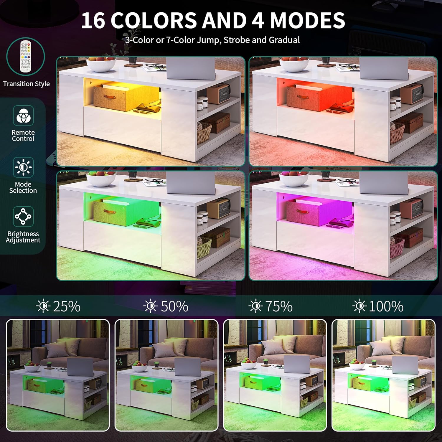 YITAHOME - table basse LED 16 couleurs, 95x55x37 cm, 2 tiroirs