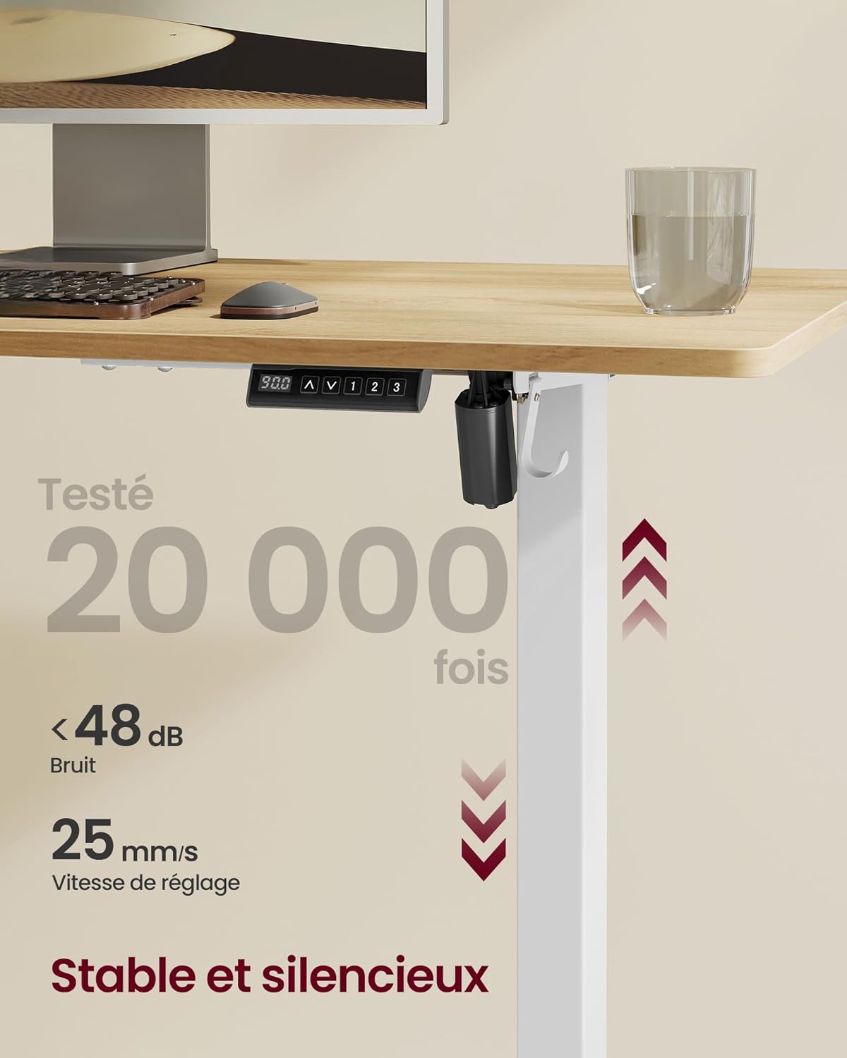 VASAGLE - bureau assis-debout, acier blanc, 3 hauteurs, 2 crochets, LSD021W01V2