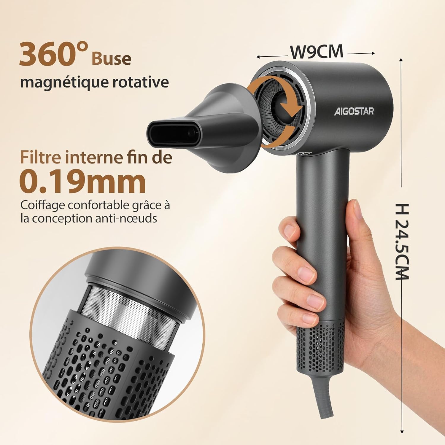 Aigostar - Sèche-cheveux BLDC léger, 450g, 200M ions, silencieux, 55dB, 110.000 tr/min