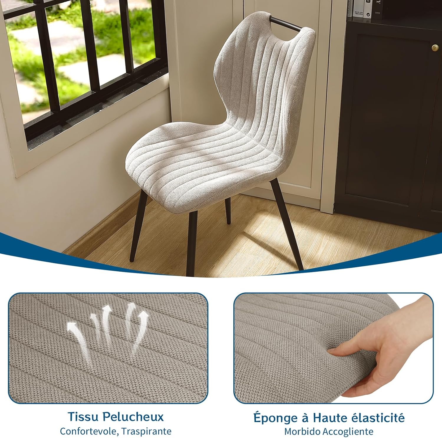 Chaises de salle à manger - Lot de 6 - tissu gris brun, pieds métal, dossier confortable