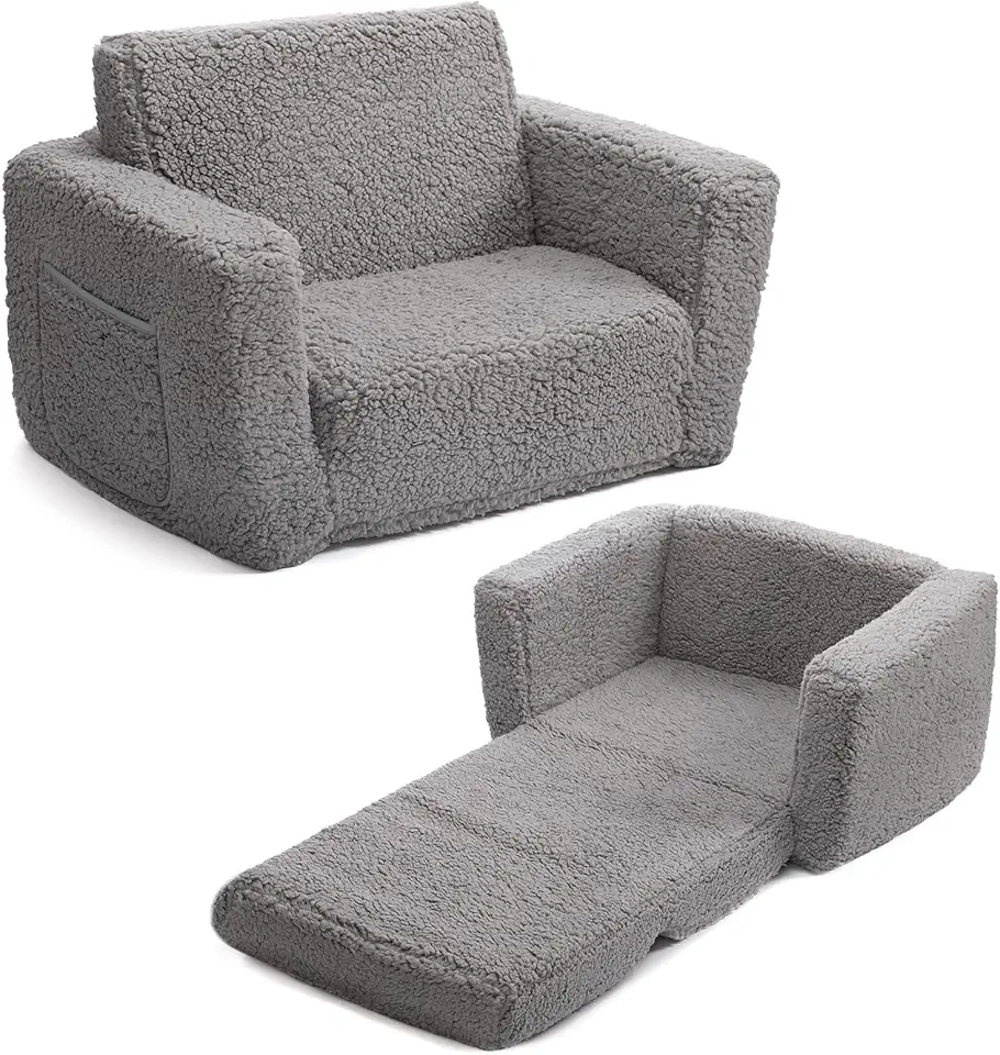 BEJOY - fauteuil enfant convertible 2-en-1, tissu Sherpa, gris, confortable