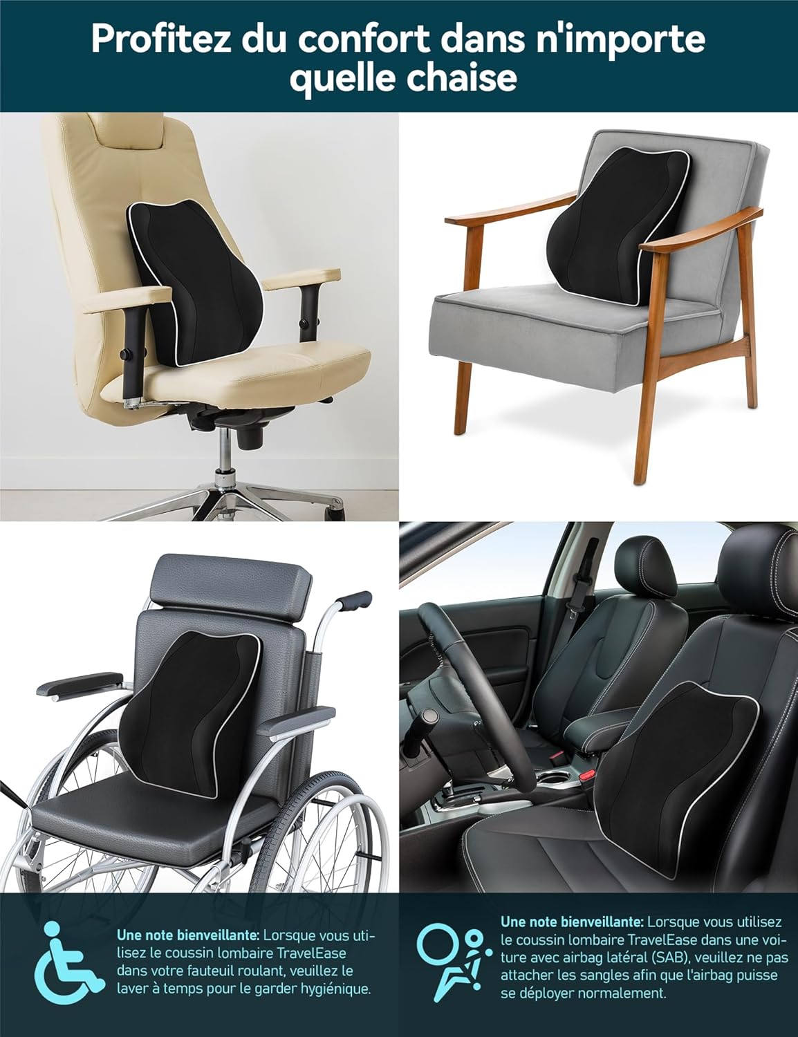 Travel Ease - Coussin lombaire ergonomique - mousse mémoire - double sangles, revêtement antistatique - 33x32x12cm