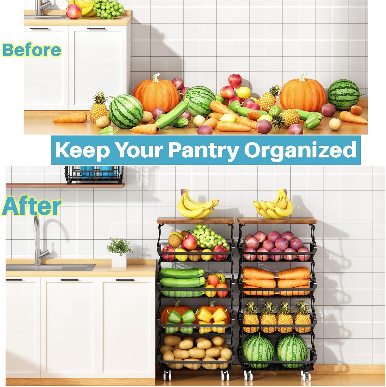 Corbeille à fruits et légumes - 5 niveaux, métal, roulettes, rangement empilable