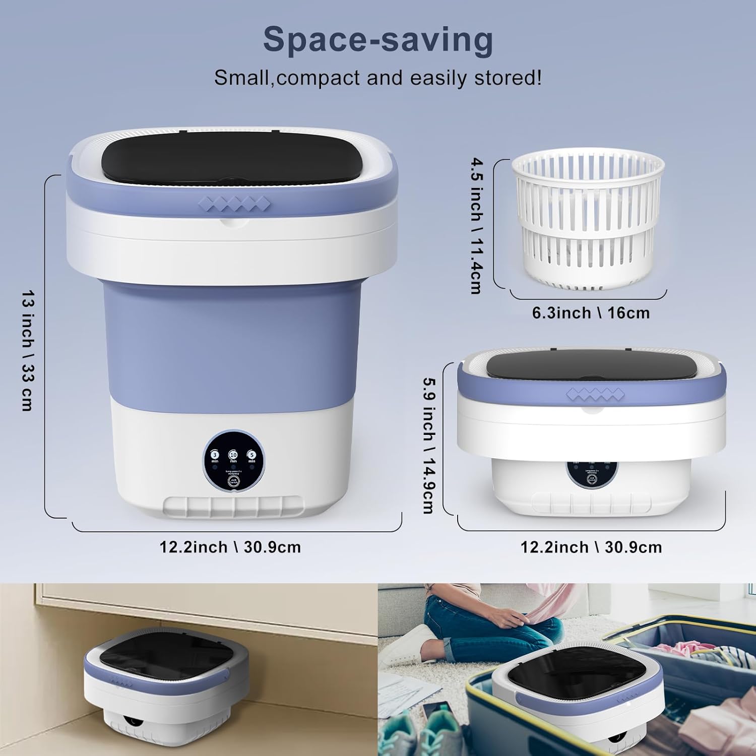 Mini machine à laver - 12L portable - 3 modes, essorage amovible, pliable