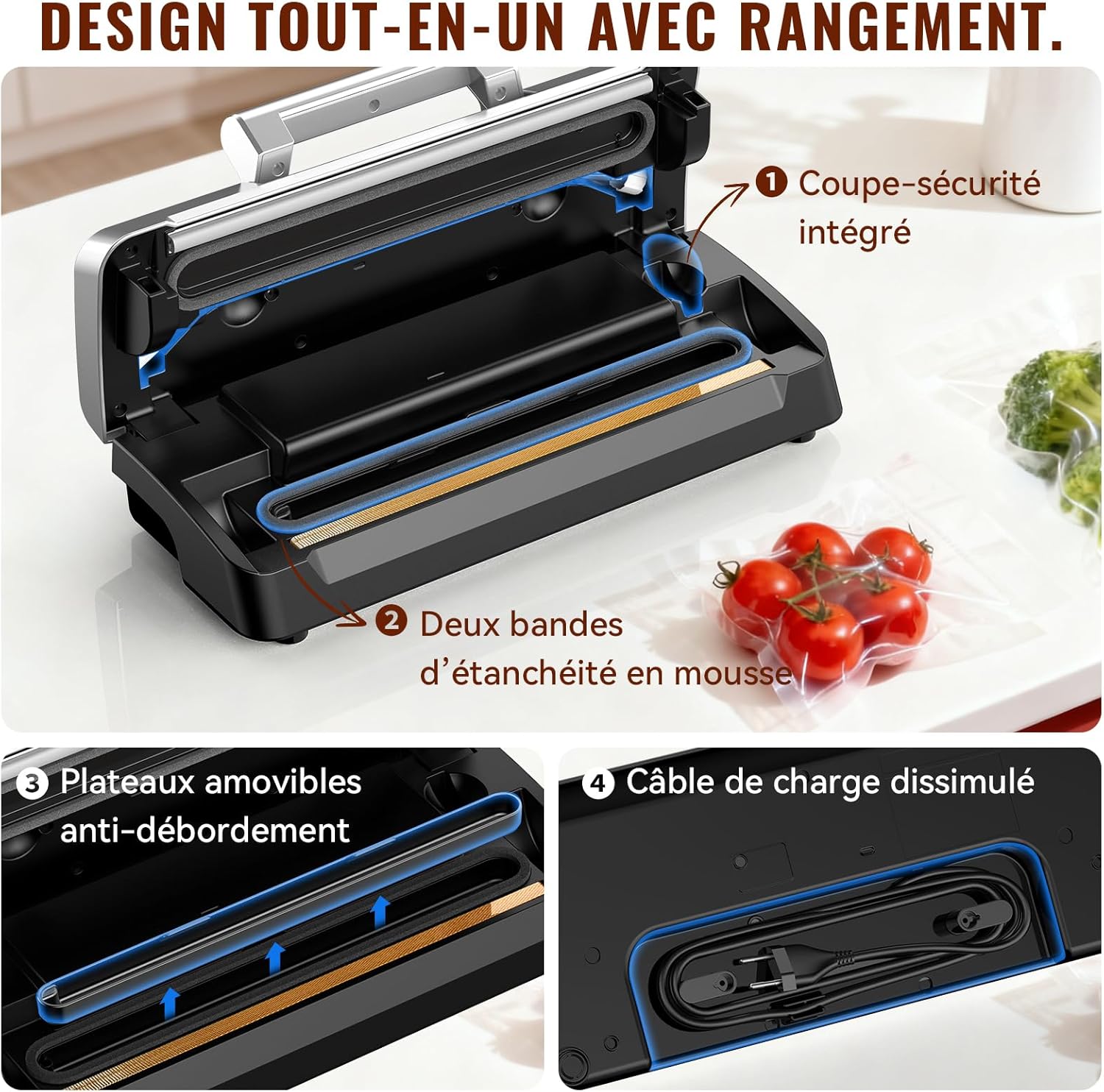 Machine sous vide - double pompe 90kPa, 20L/min - coupe-sacs, LED, sec/humide