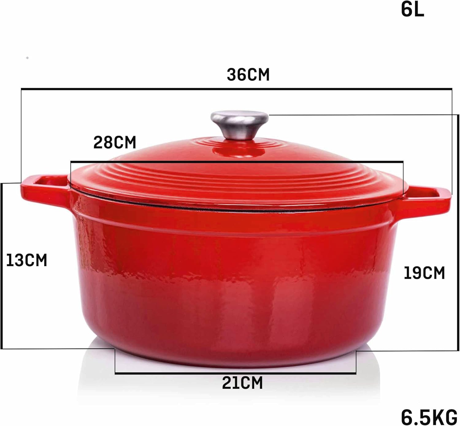 VeoHome - cocotte fonte émaillée 6L Ø28cm - induction/gaz/four, cuisson homogène, couvercle relief
