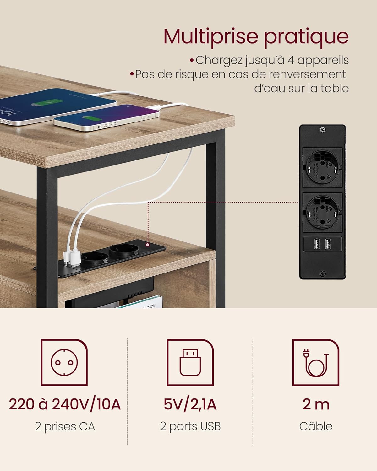 VASAGLE - table d’appoint 2 tiroirs 2 ports USB, fine, marron/noir - LET325K01