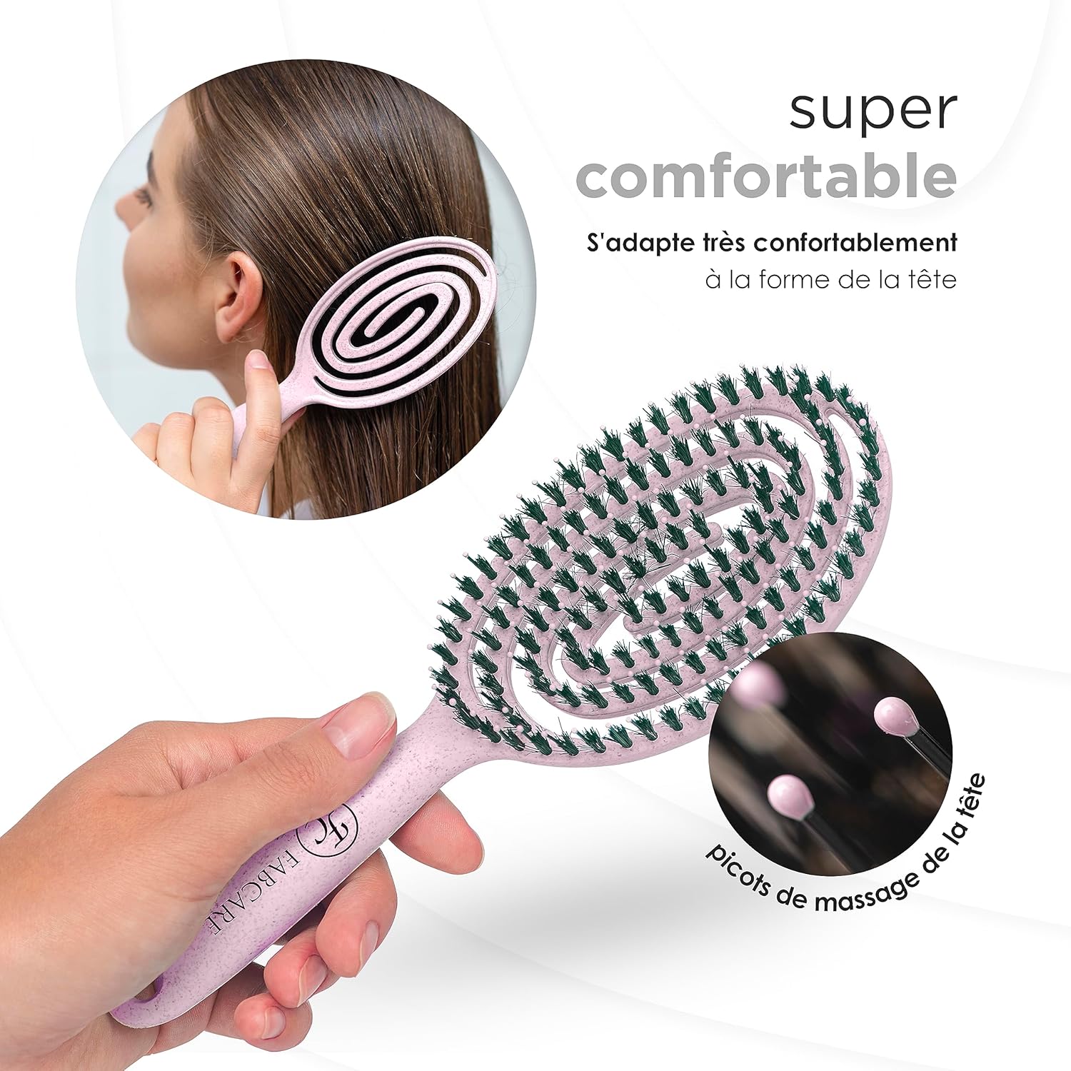 FABCARE - Brosse cheveux série innovante - poils sanglier, double ressort, styling sans douleur - Rose