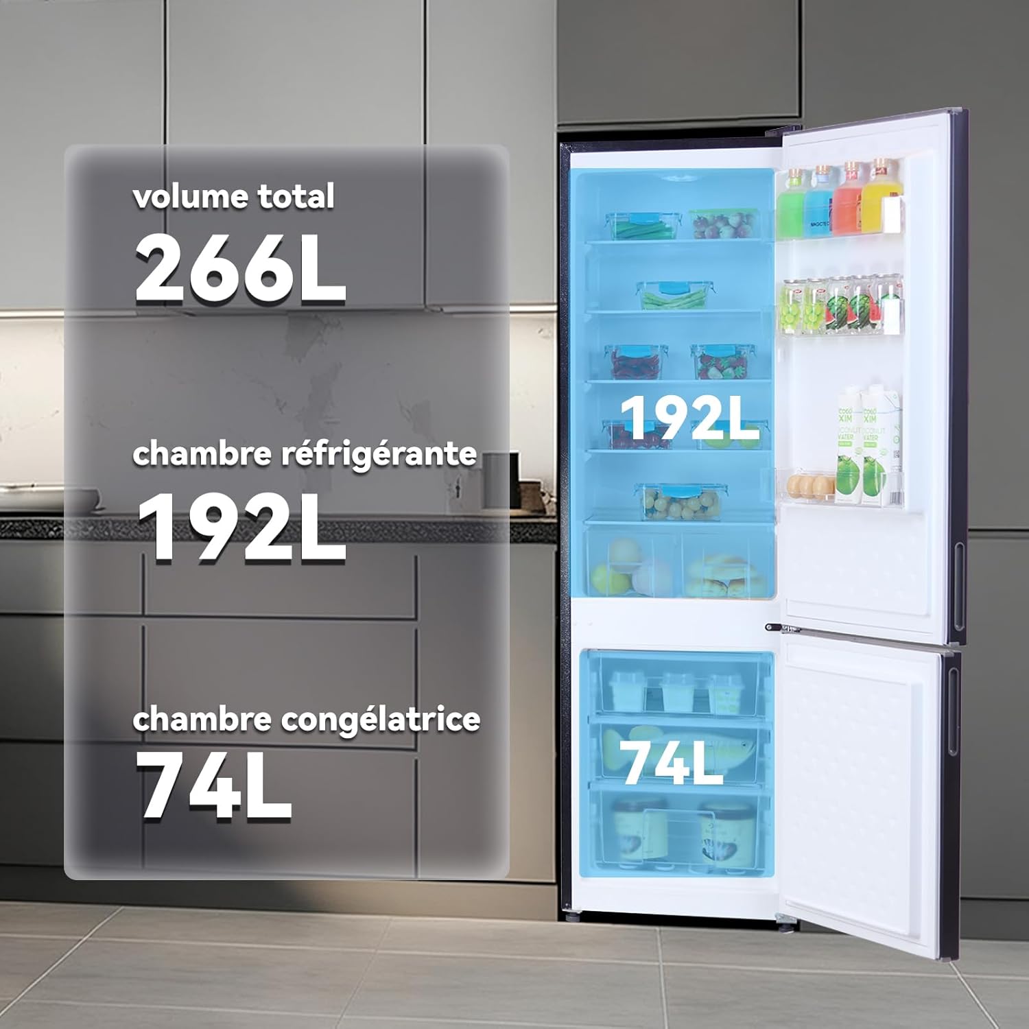 magictec - combiné réfrigérateur/congélateur - 266L - No Frost, LEDs, métallique